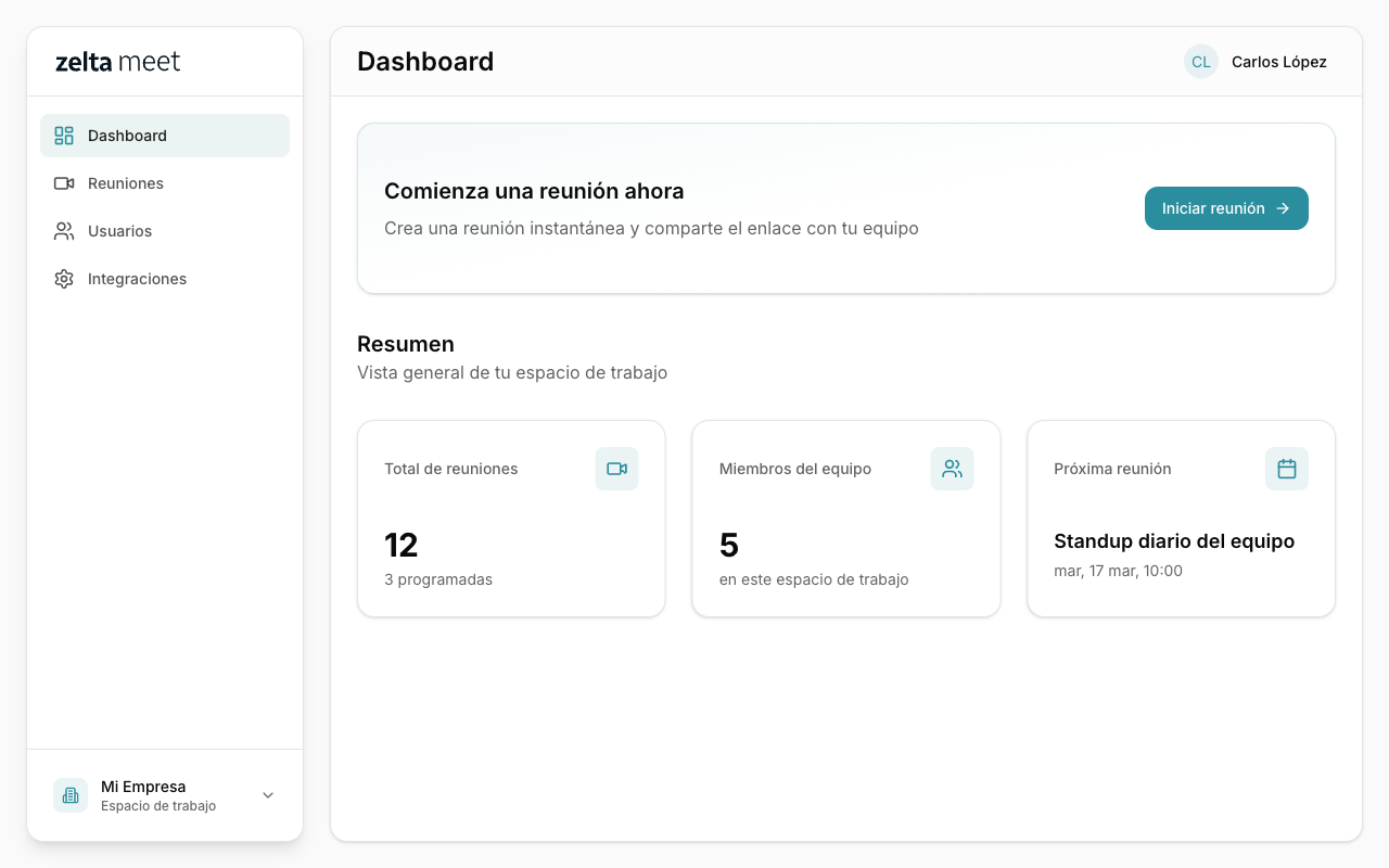 Dashboard de Zelta Meet