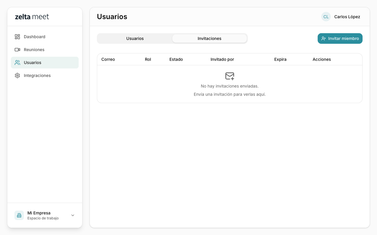 Pestaña de invitaciones