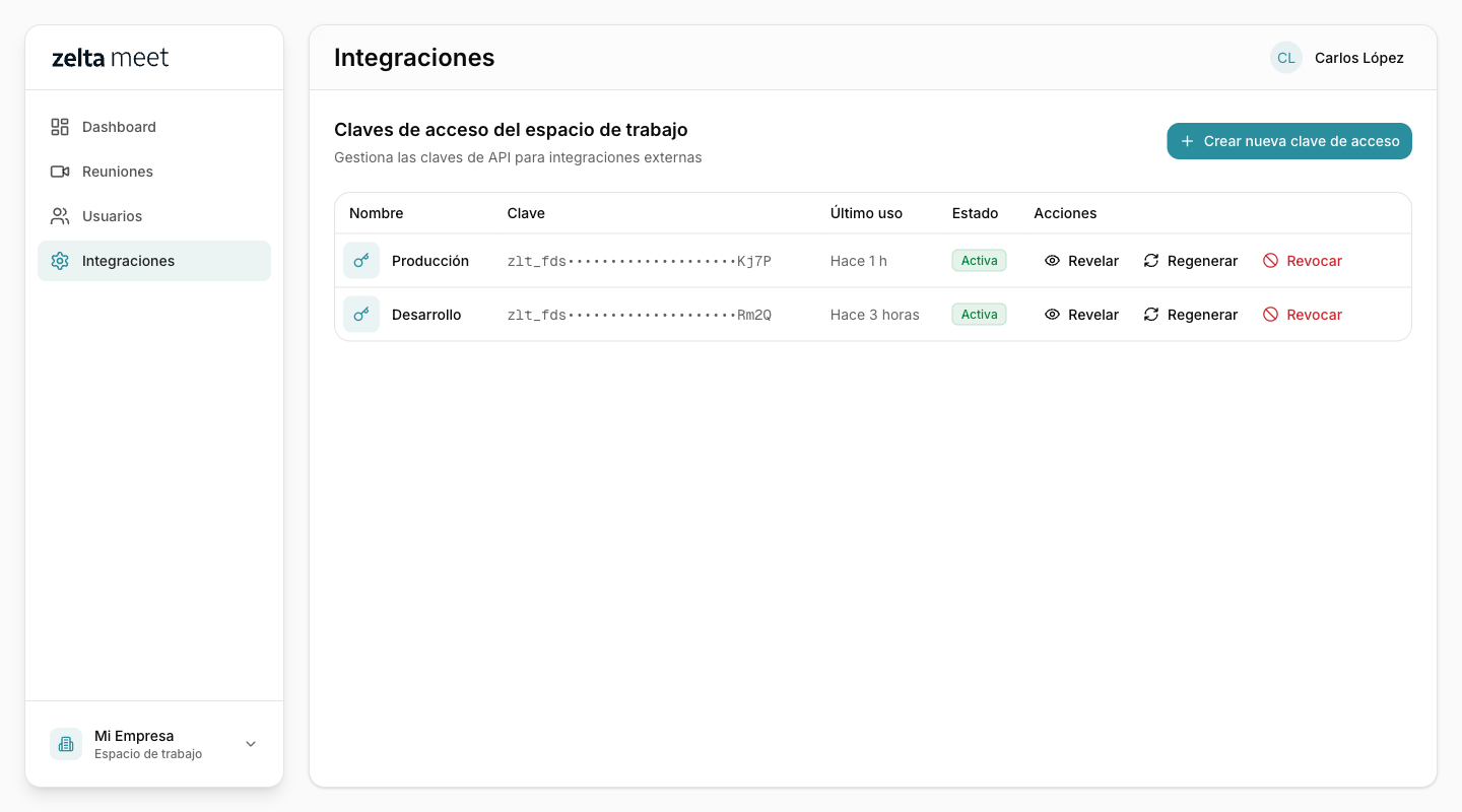Lista de claves de API