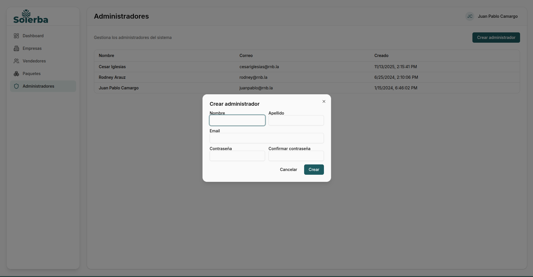Formulario de creación de administrador
