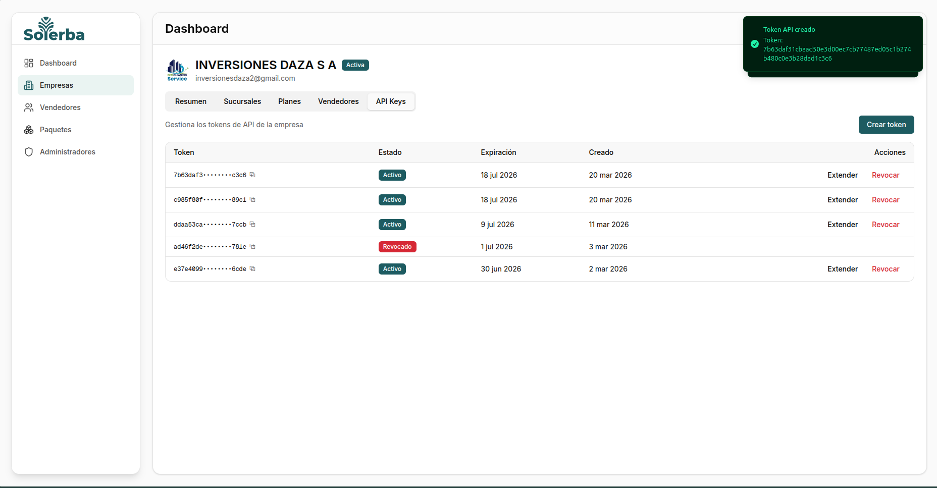 Token generado exitosamente