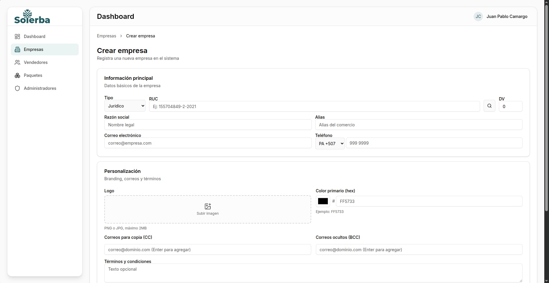 Formulario de creación de empresa