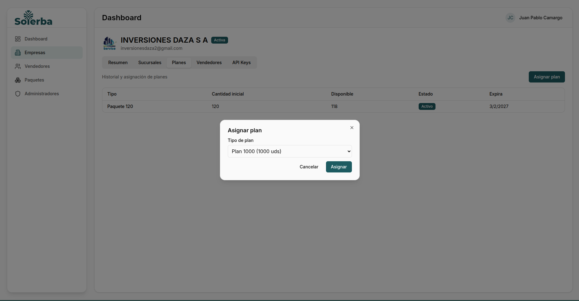 Formulario de asignación de paquete