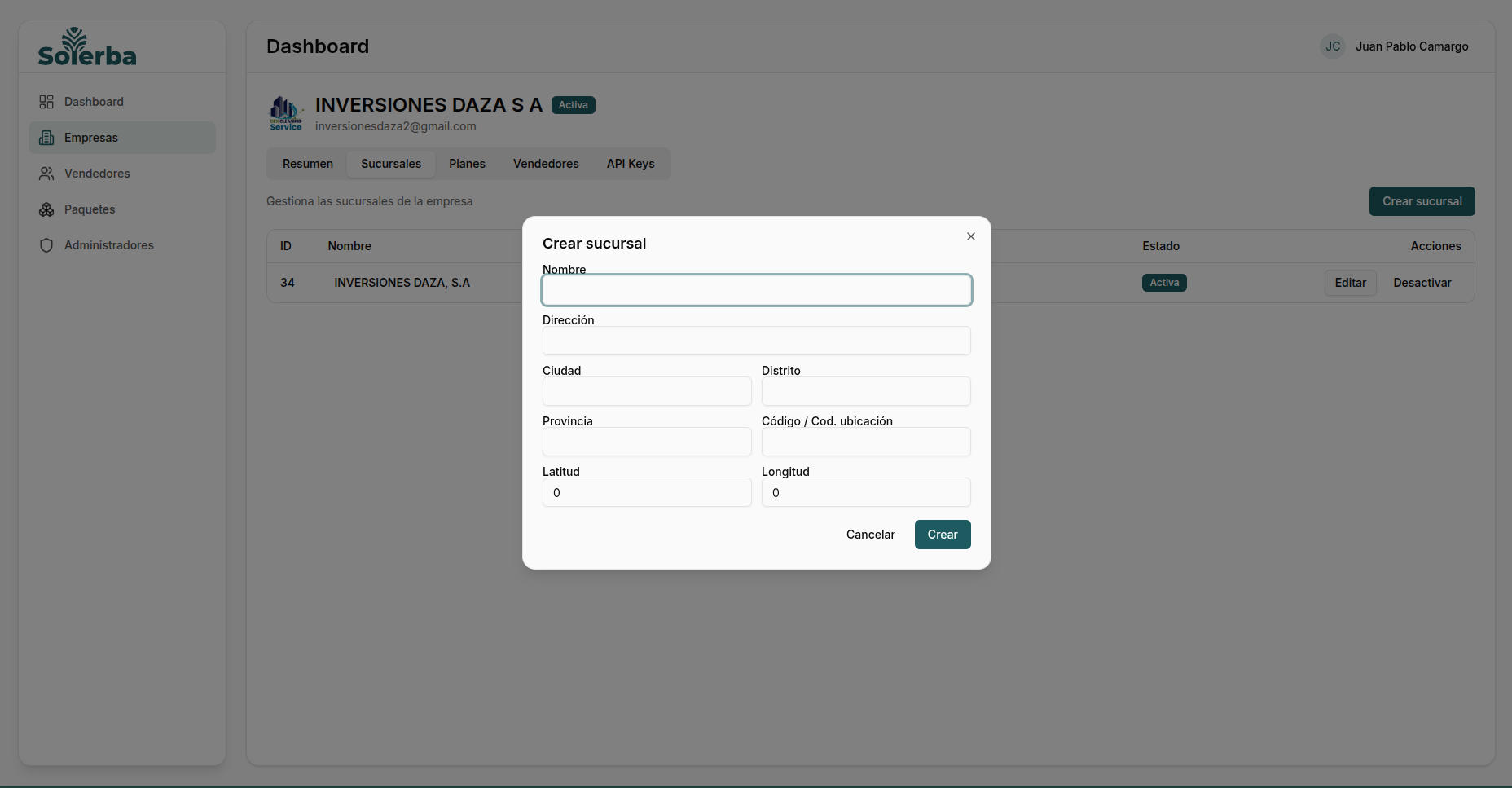 Formulario de creación de sucursal