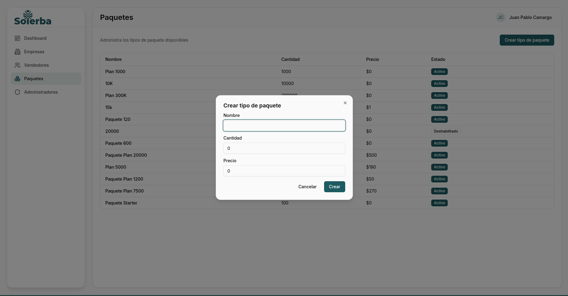 Formulario de creación de tipo de paquete