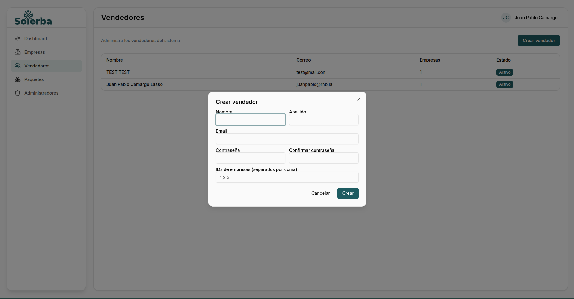 Formulario de creación de vendedor