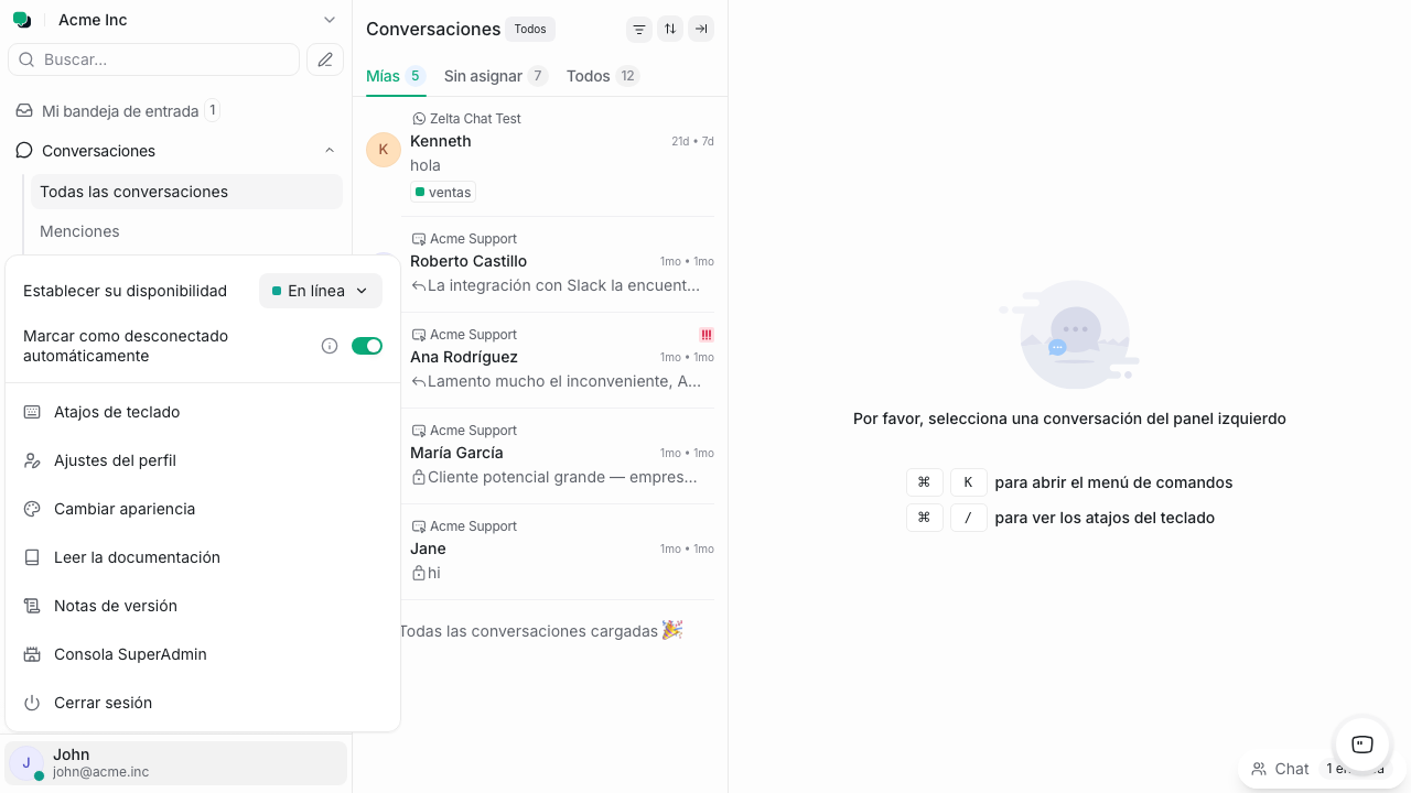 Menú de perfil del sidebar
