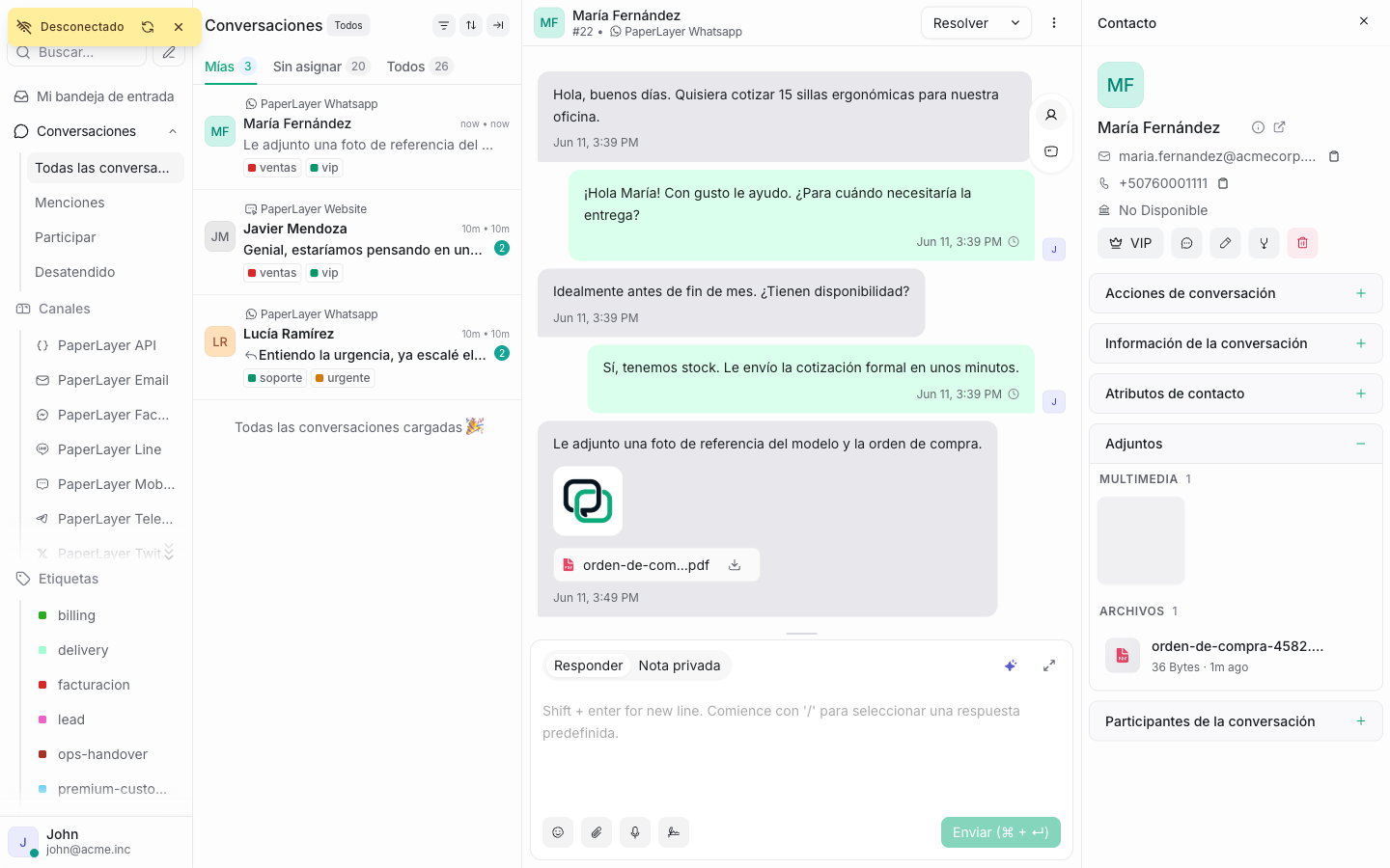 Sección Adjuntos del panel de conversación con los archivos compartidos