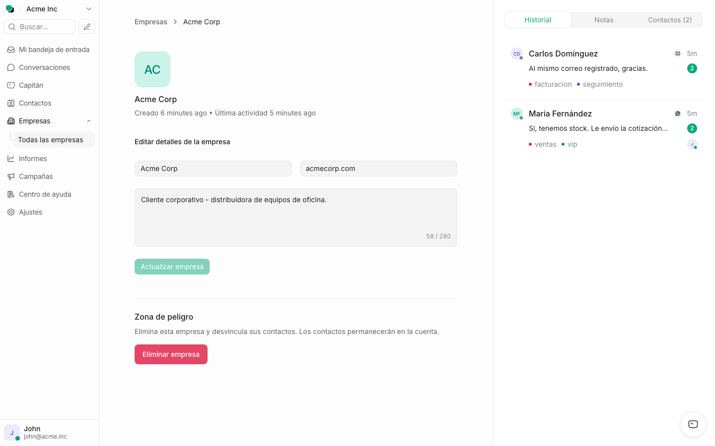Detalle de empresa con las pestañas Historial, Notas y Contactos