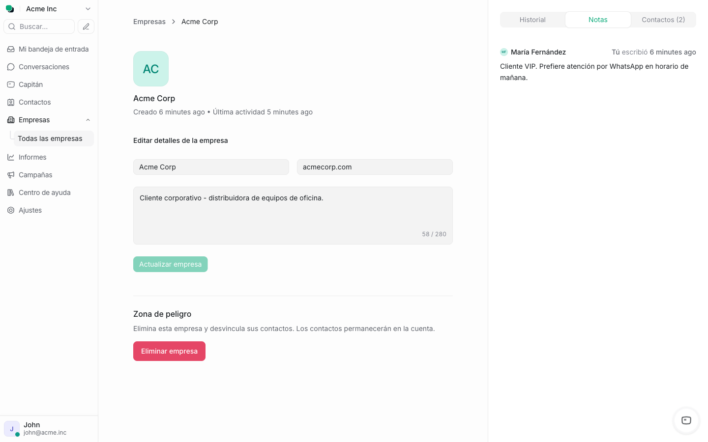 Pestaña Notas de una empresa con las notas de sus contactos