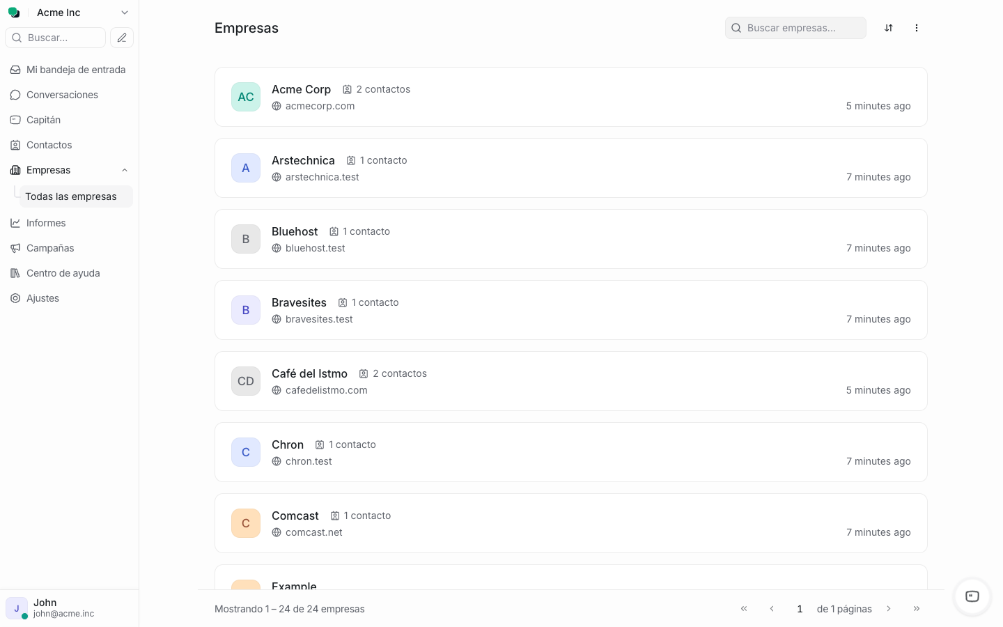 Lista de empresas con barra de búsqueda y opciones de ordenamiento