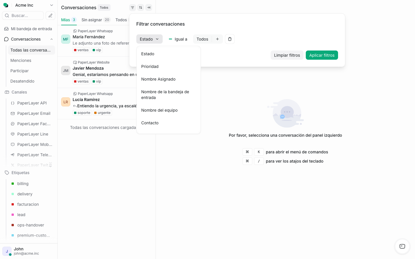 Filtro de conversaciones con el criterio Contacto