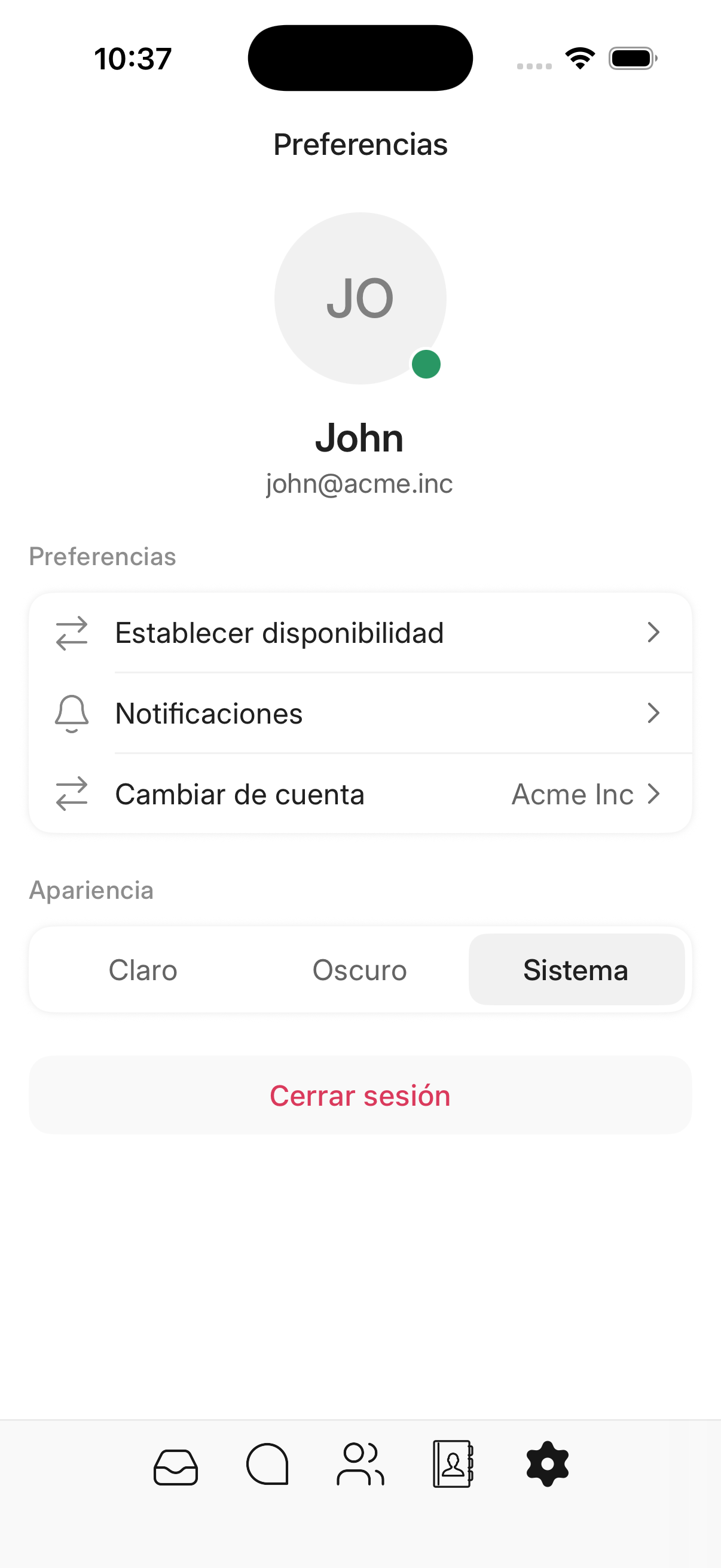 Pantalla de preferencias de la app móvil