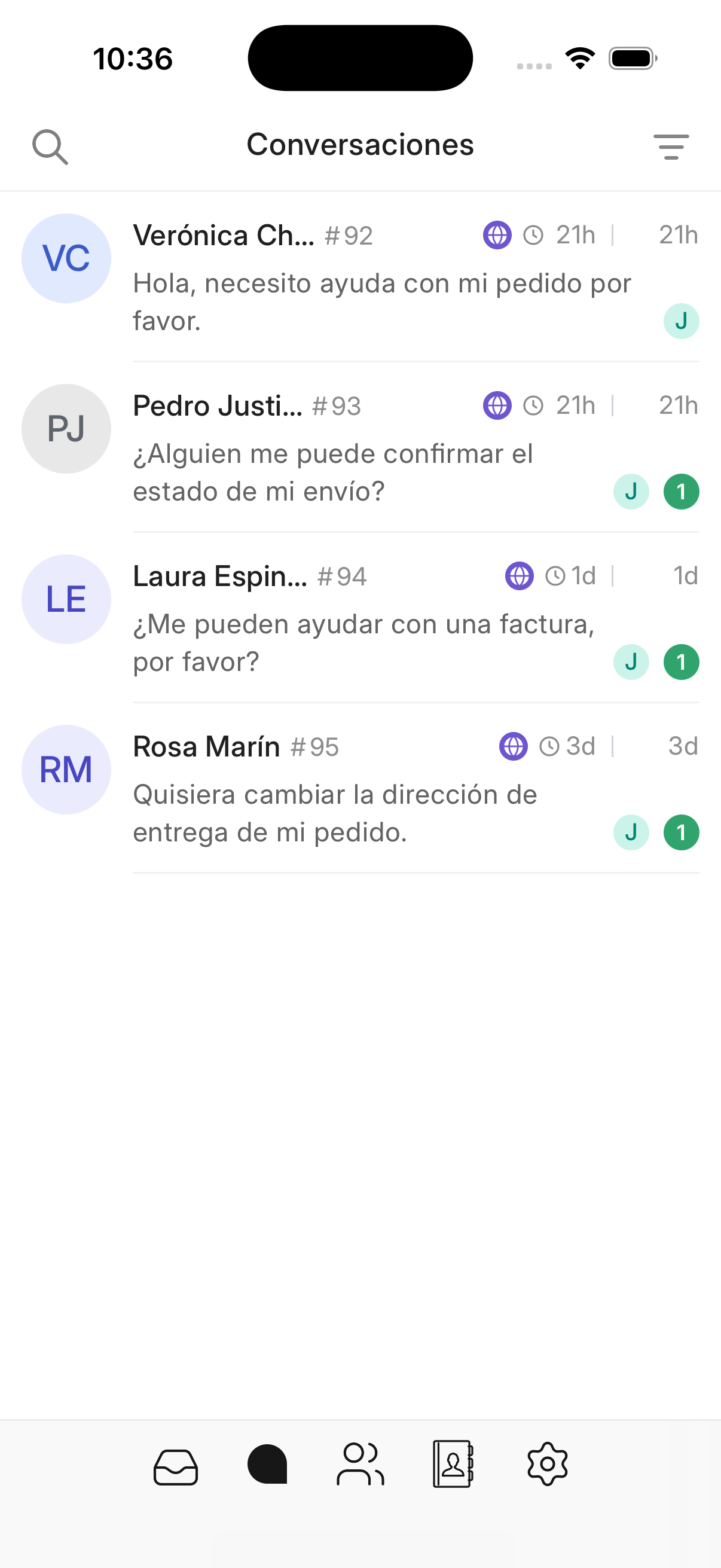 Lista de conversaciones en la app móvil de Zelta Chat