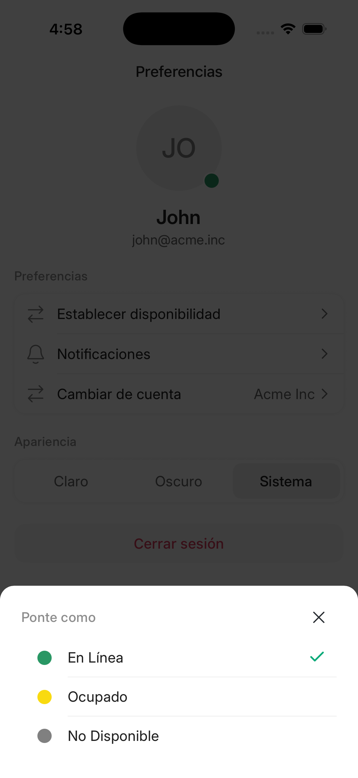 Selector de disponibilidad en la app móvil