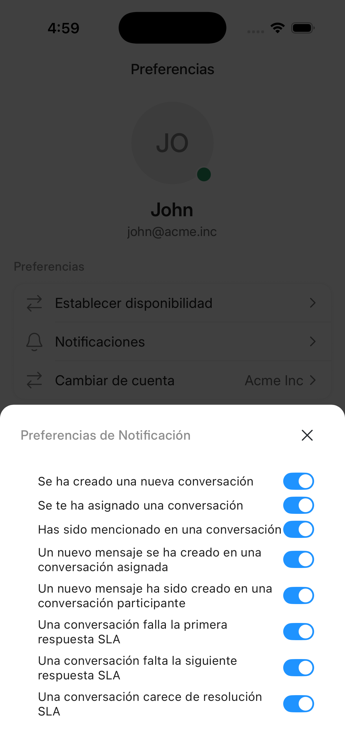 Preferencias de notificación en la app móvil