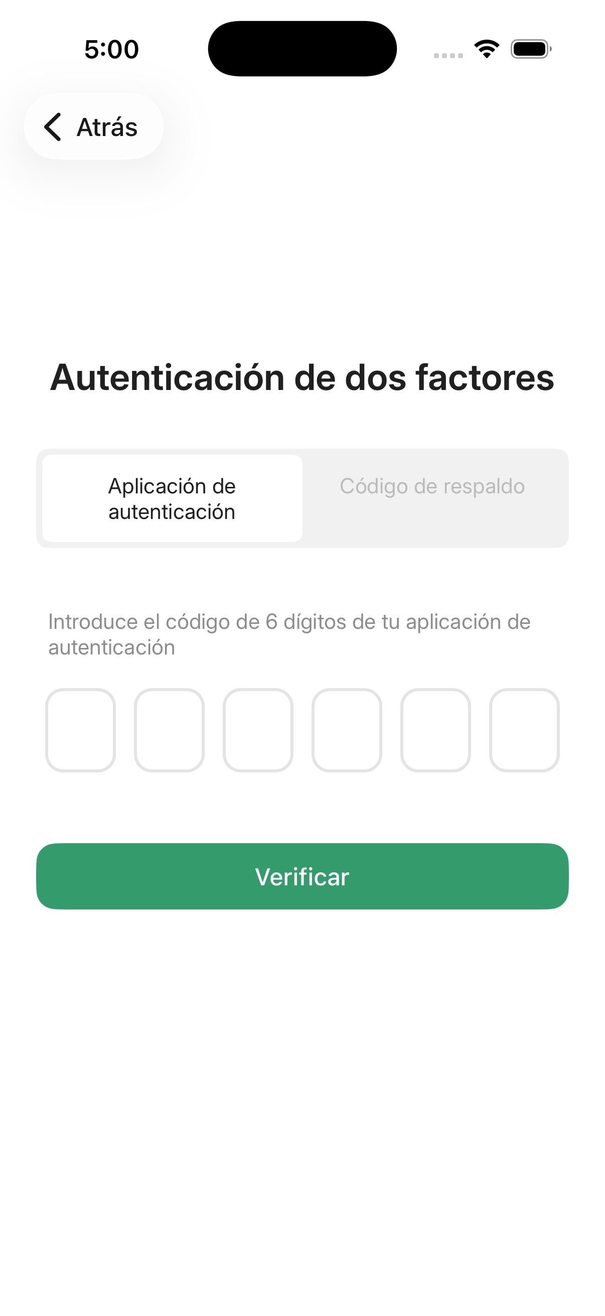 Pantalla de verificación en dos pasos en la app móvil