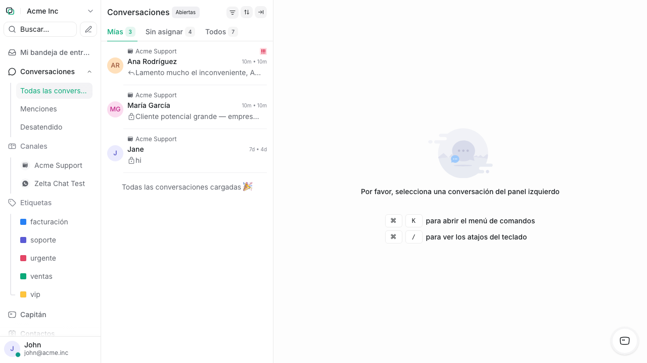 Bandeja de entrada principal de Zelta Chat