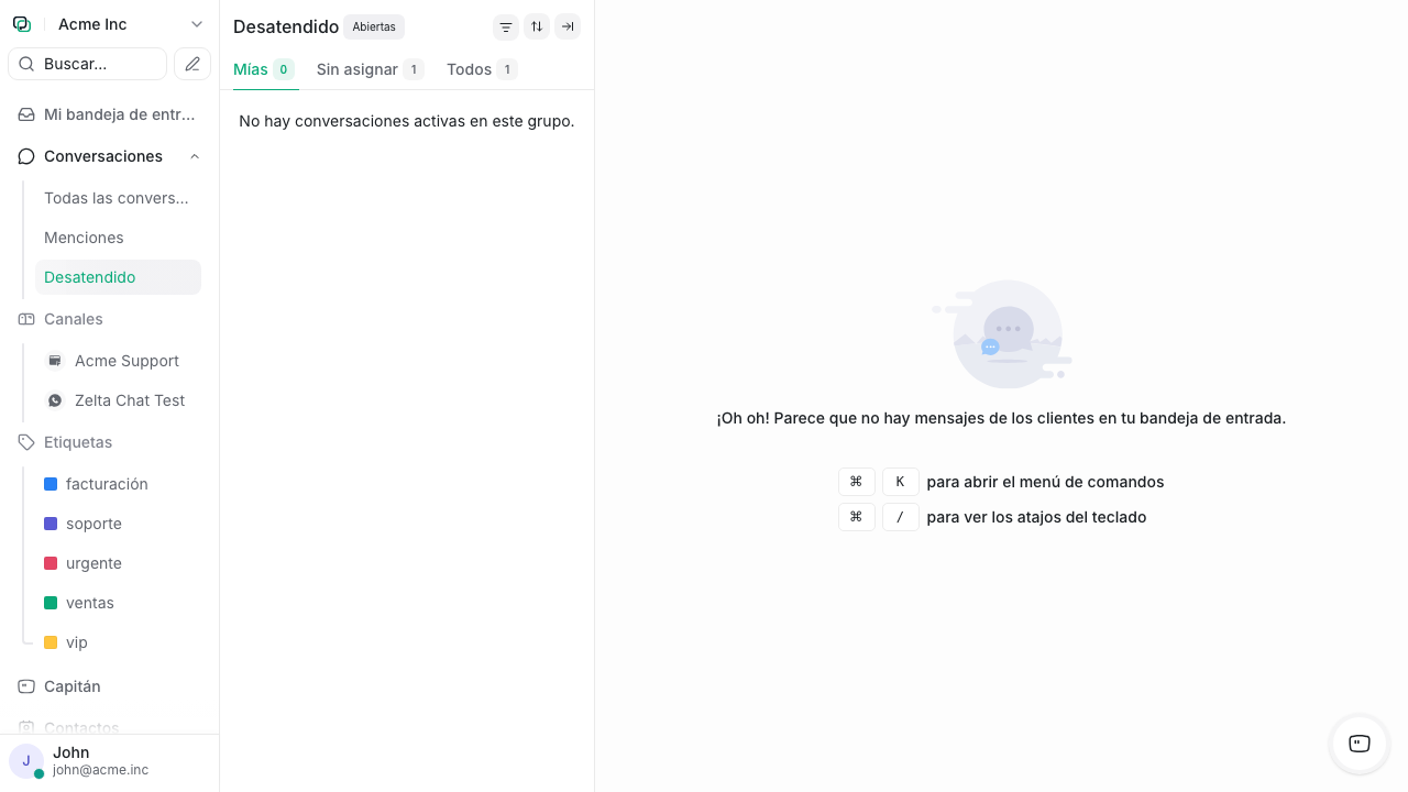 Vista de conversaciones desatendidas con filtros