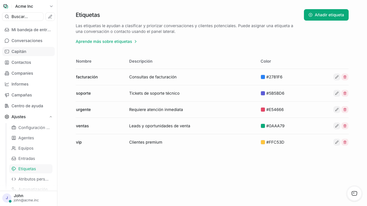 Configuración de etiquetas con colores