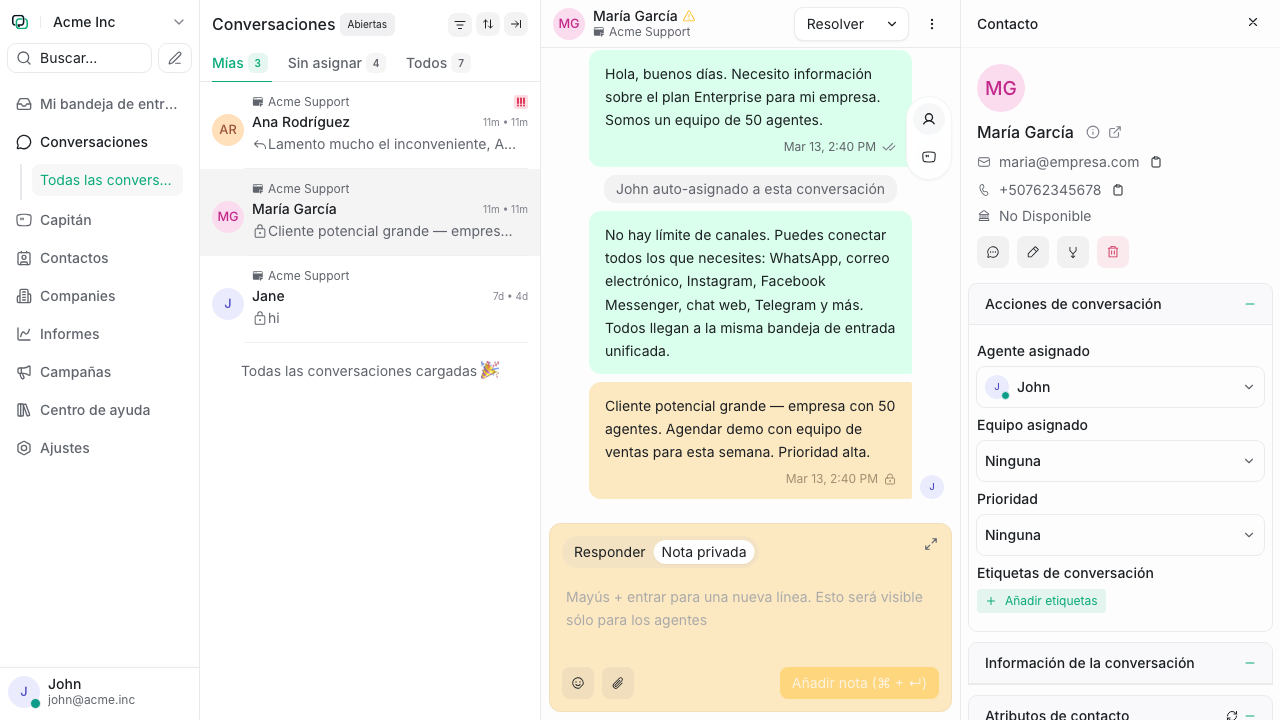 Modo de nota privada en la conversación