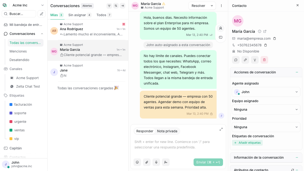 Conversación abierta con detalle del cliente