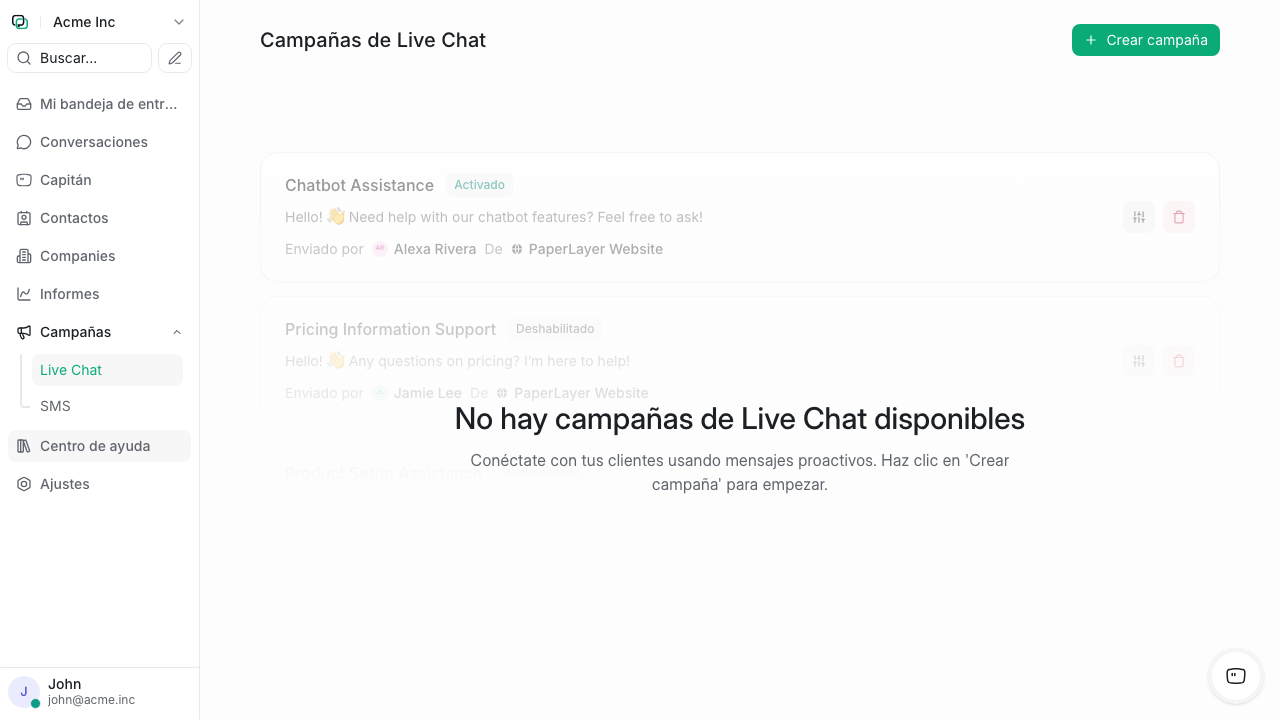 Campañas de Live Chat con estado activo