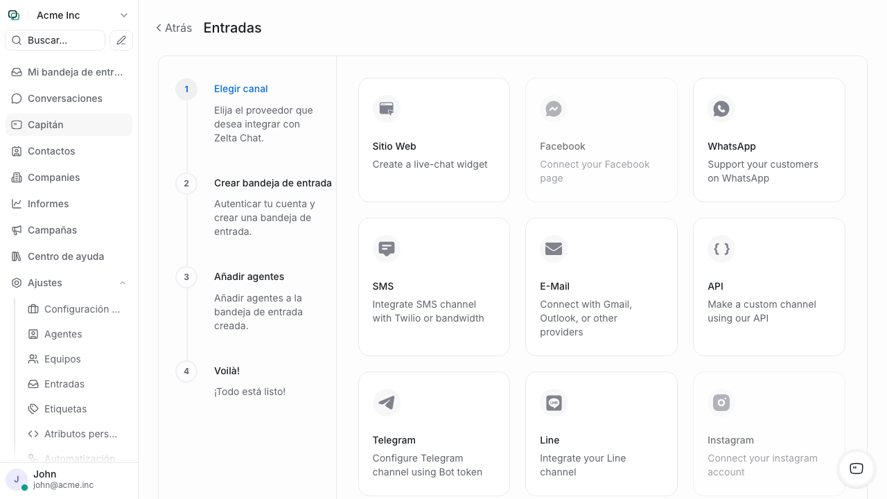Selección de tipo de canal al crear uno nuevo