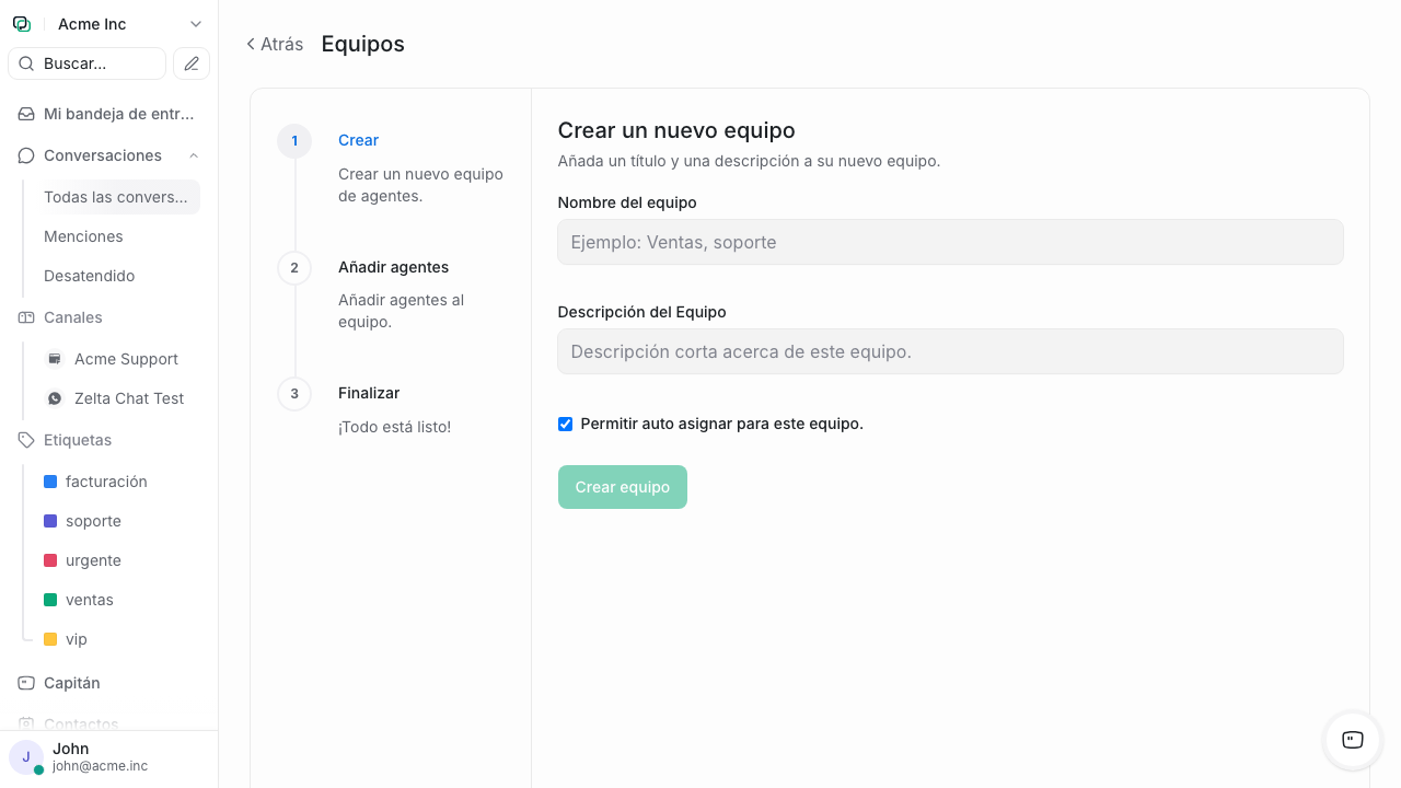 Formulario de creación de equipo