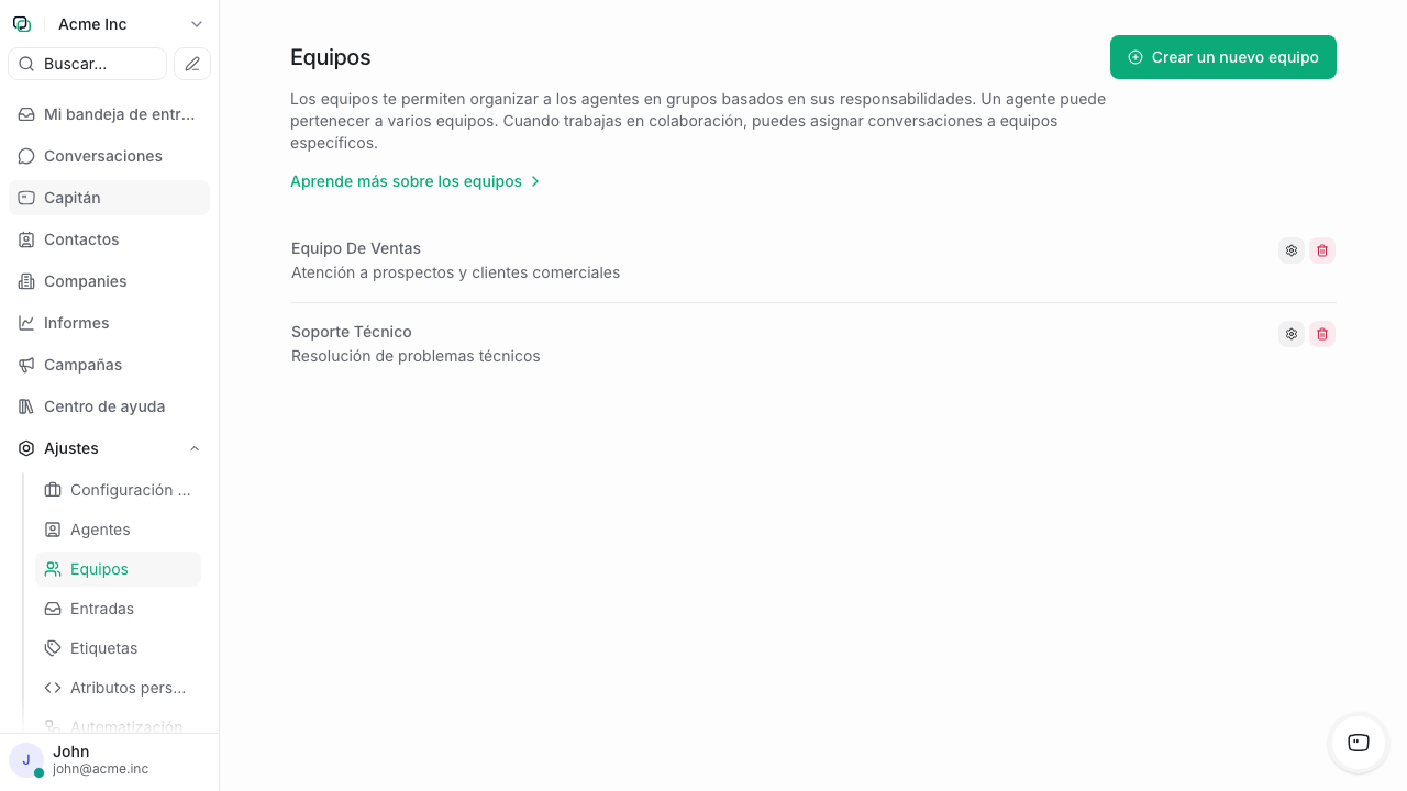 Lista de equipos configurados