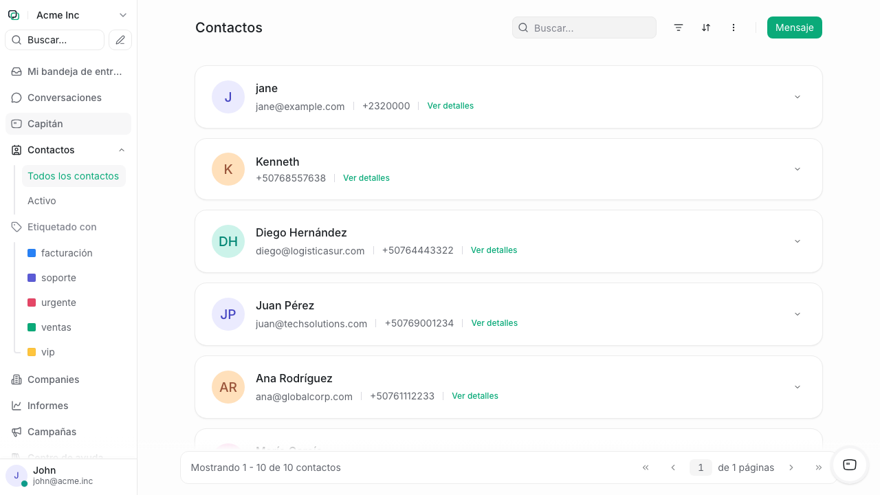 Lista de contactos con información de cada uno