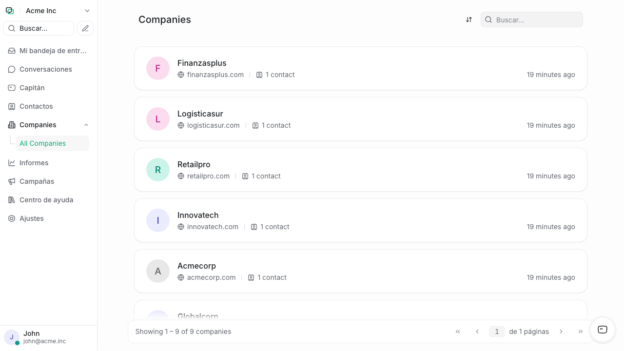 Lista de empresas registradas