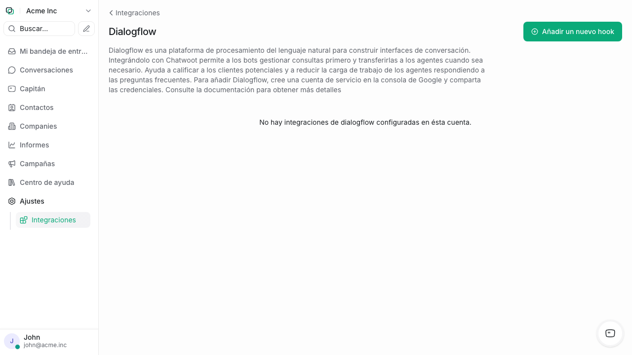 Configuración de integración con Dialogflow