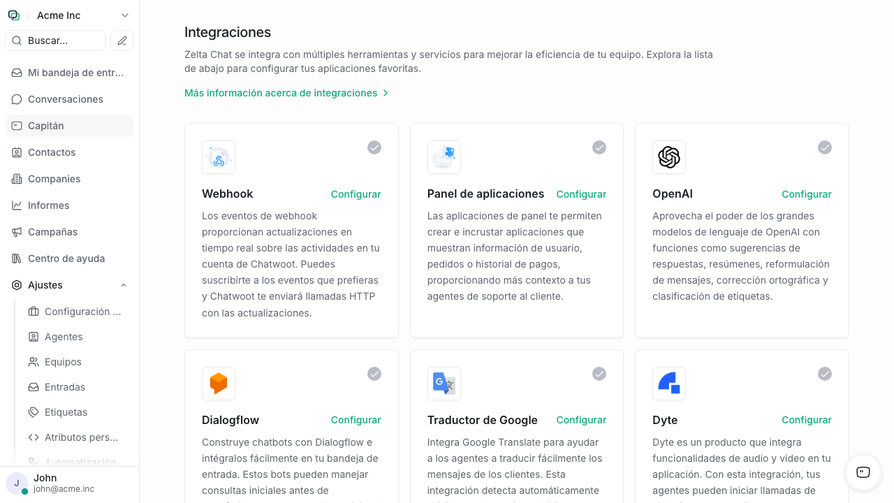 Lista de integraciones disponibles