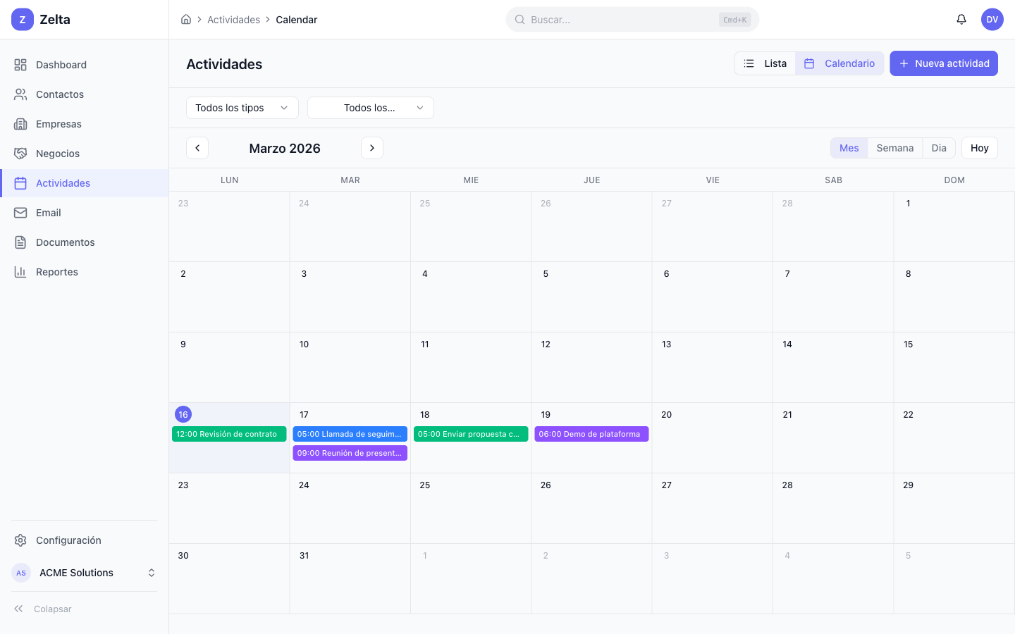 Vista de calendario de actividades