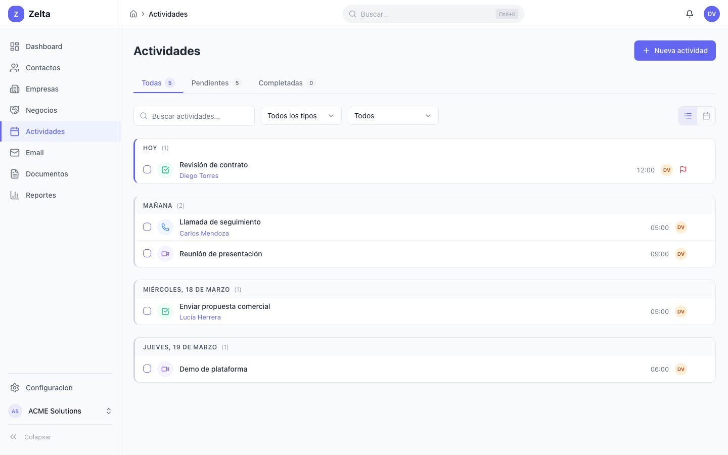 Vista de lista de actividades