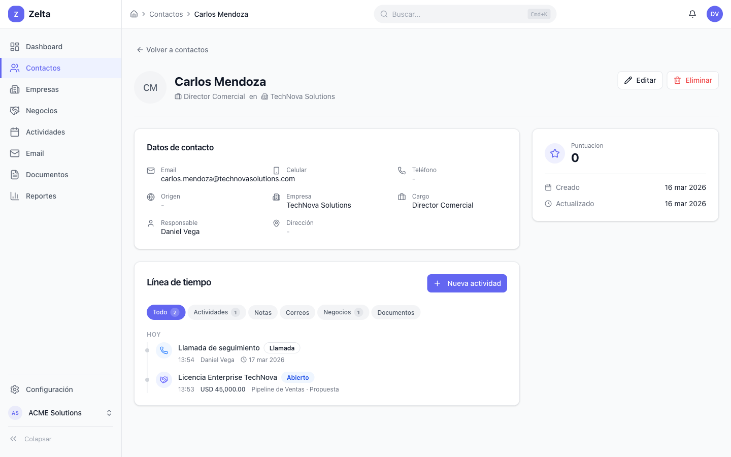 Vista de detalle de un contacto