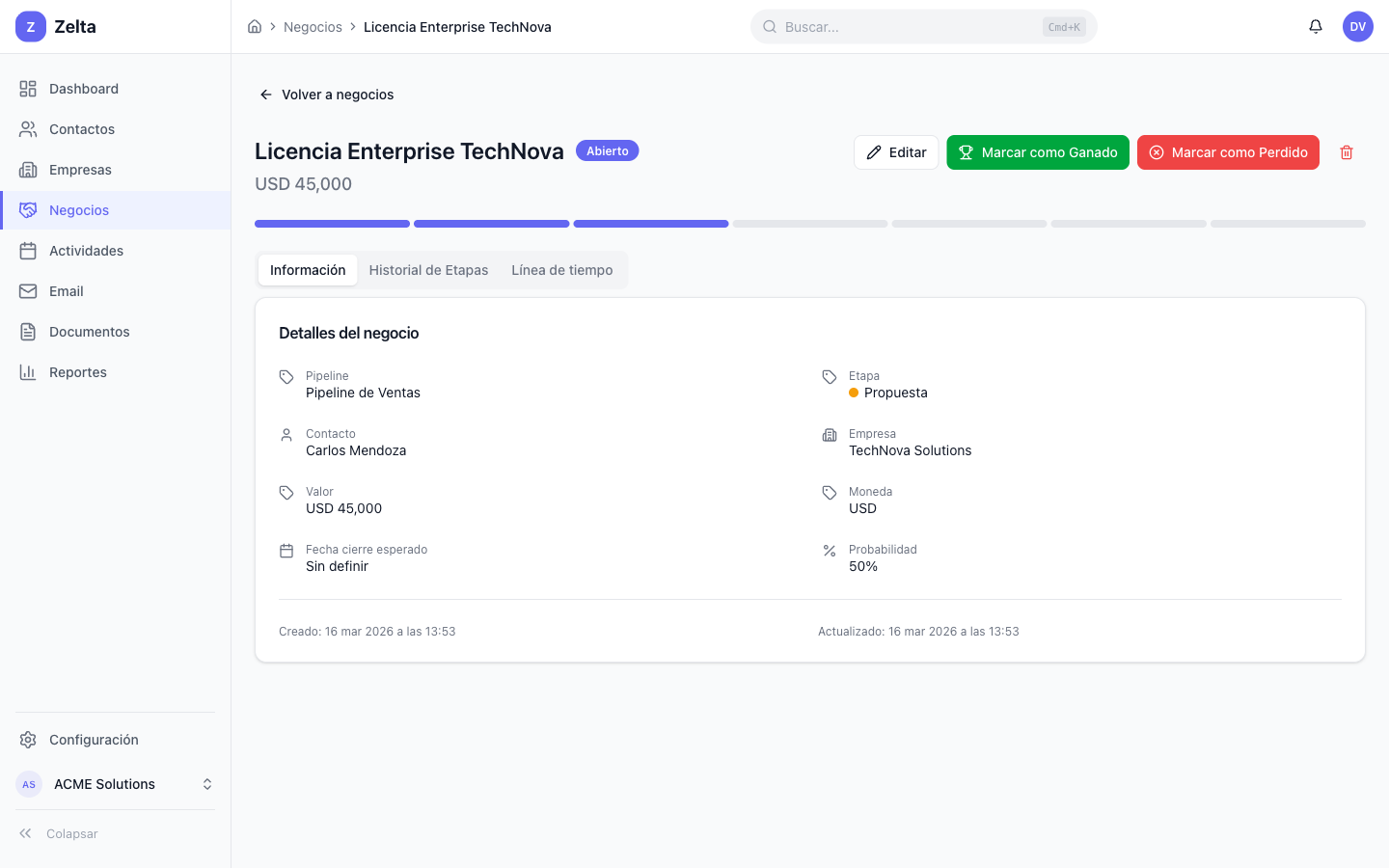 Vista de detalle de un negocio