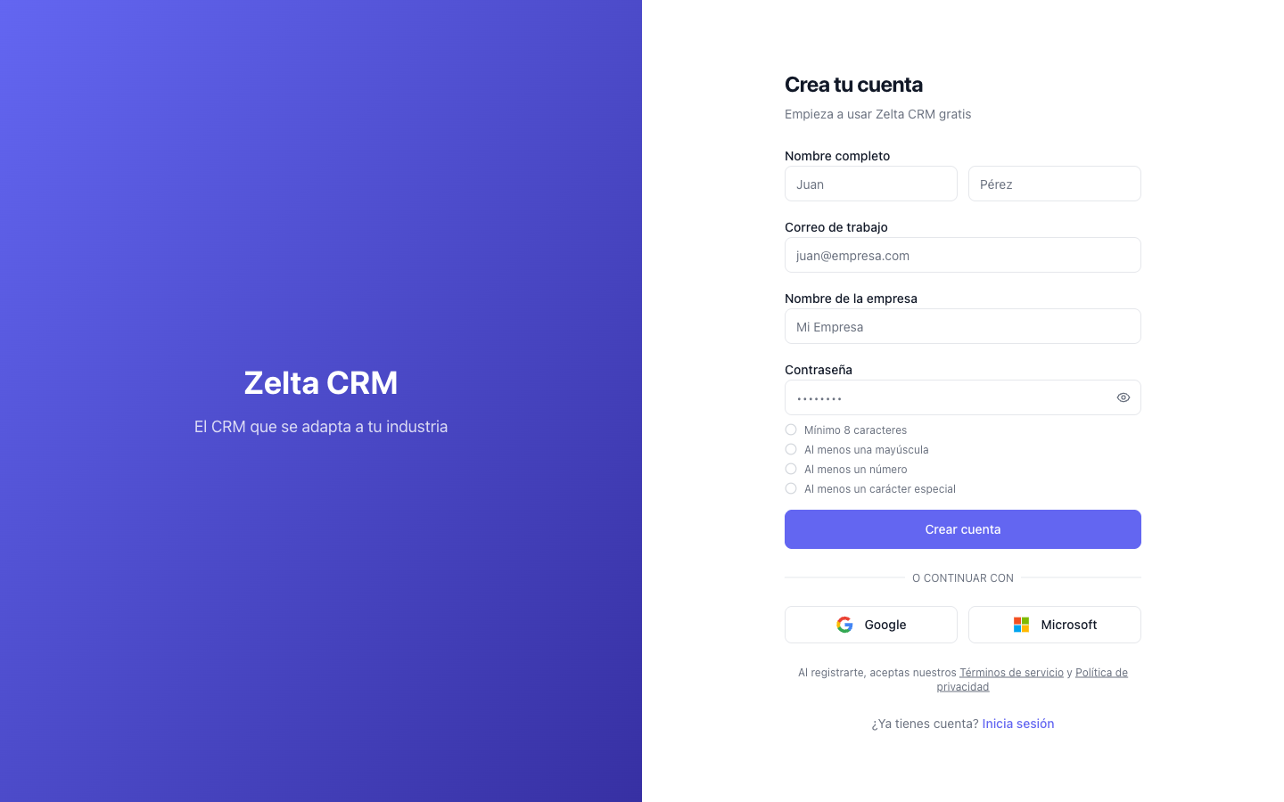 Formulario de registro de Zelta CRM