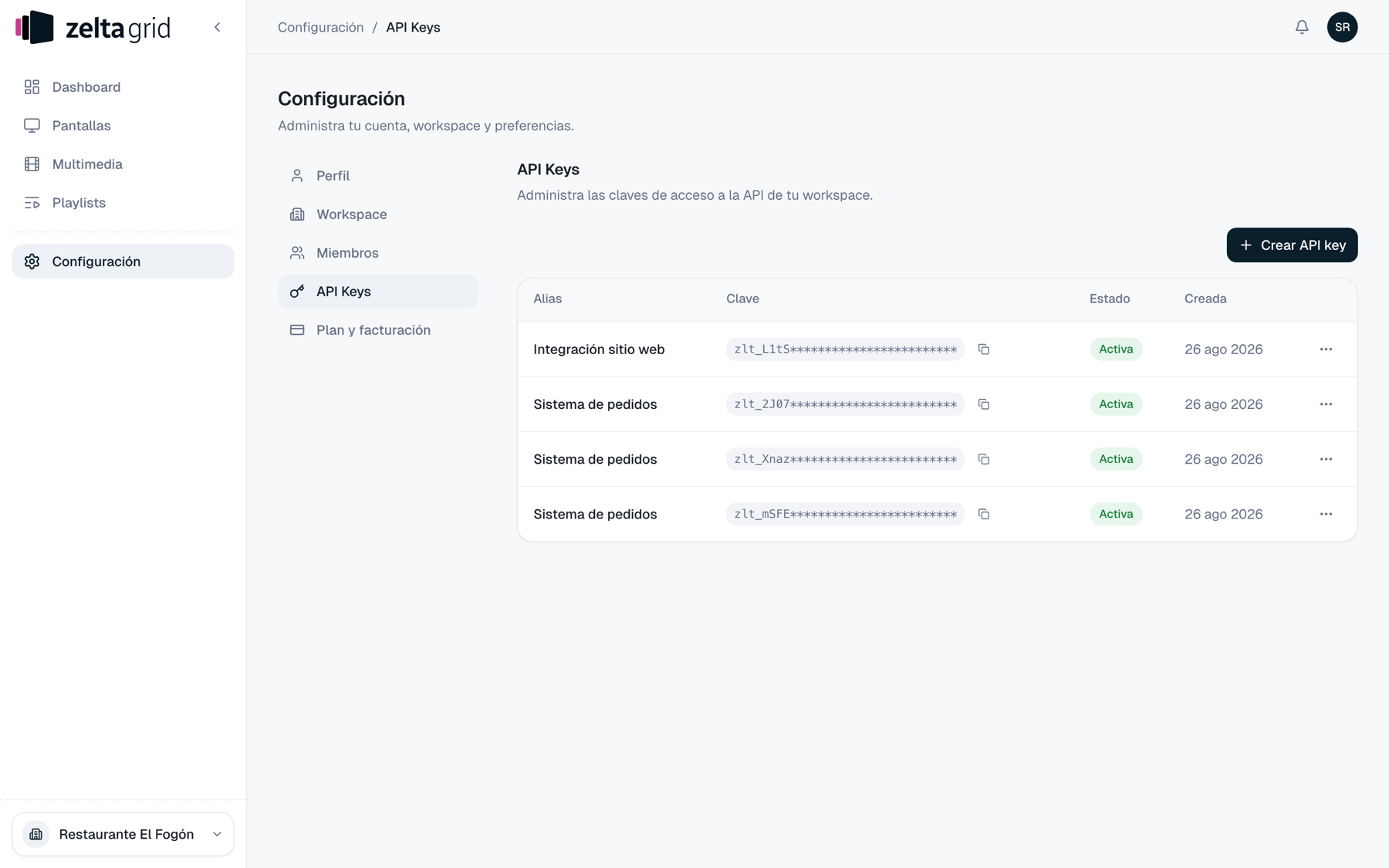 Configuración › API Keys con la tabla de claves y el botón Crear API key