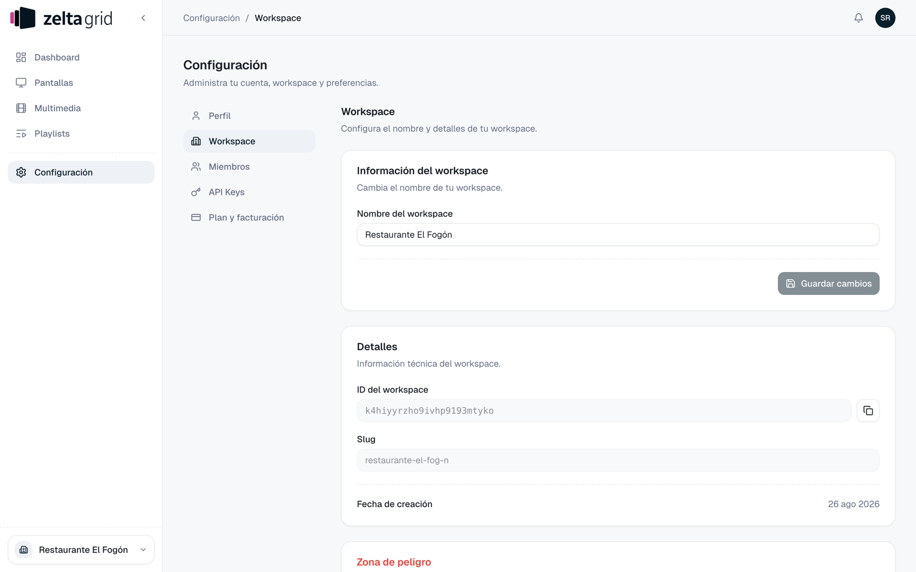 Configuración del workspace con el campo de nombre y la zona de peligro