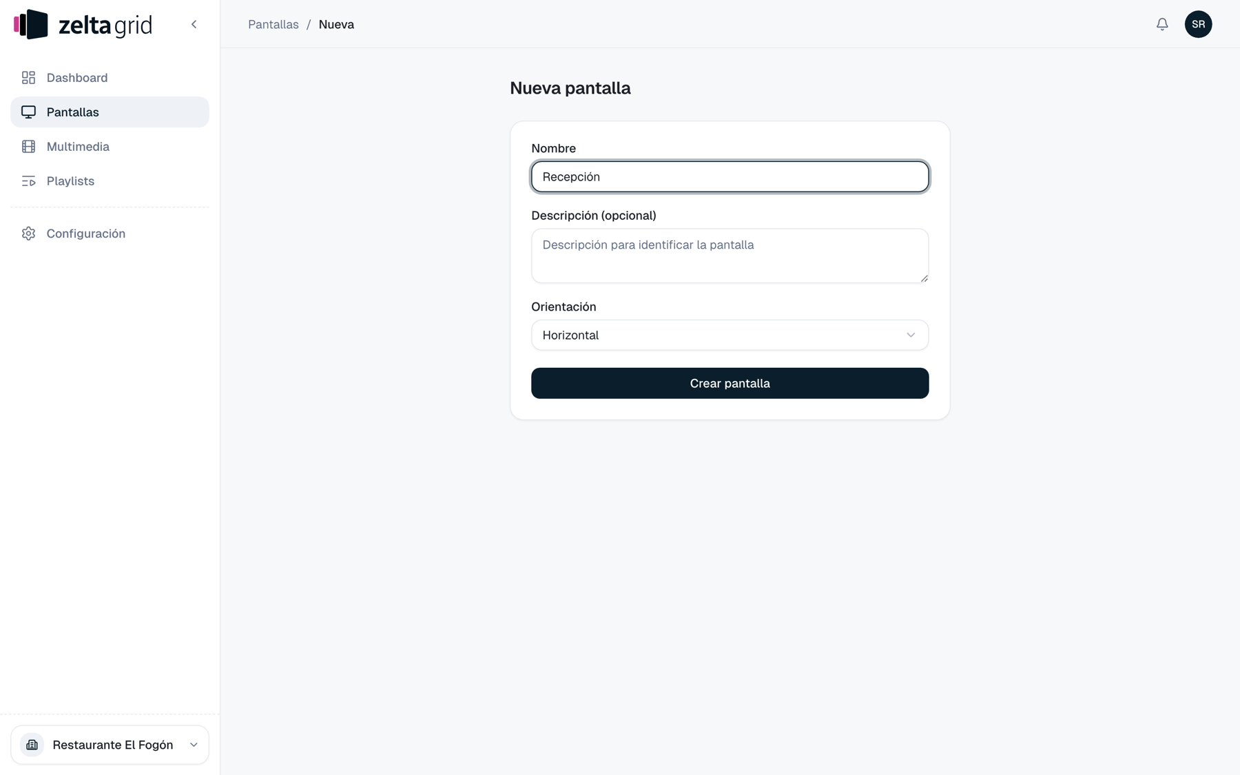 Formulario Nueva pantalla con el nombre Recepción