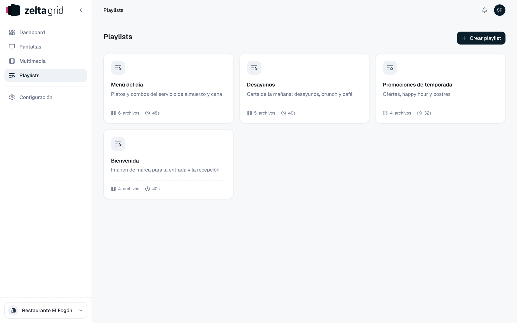 Lista de playlists en tarjetas con nombre, número de archivos y duración