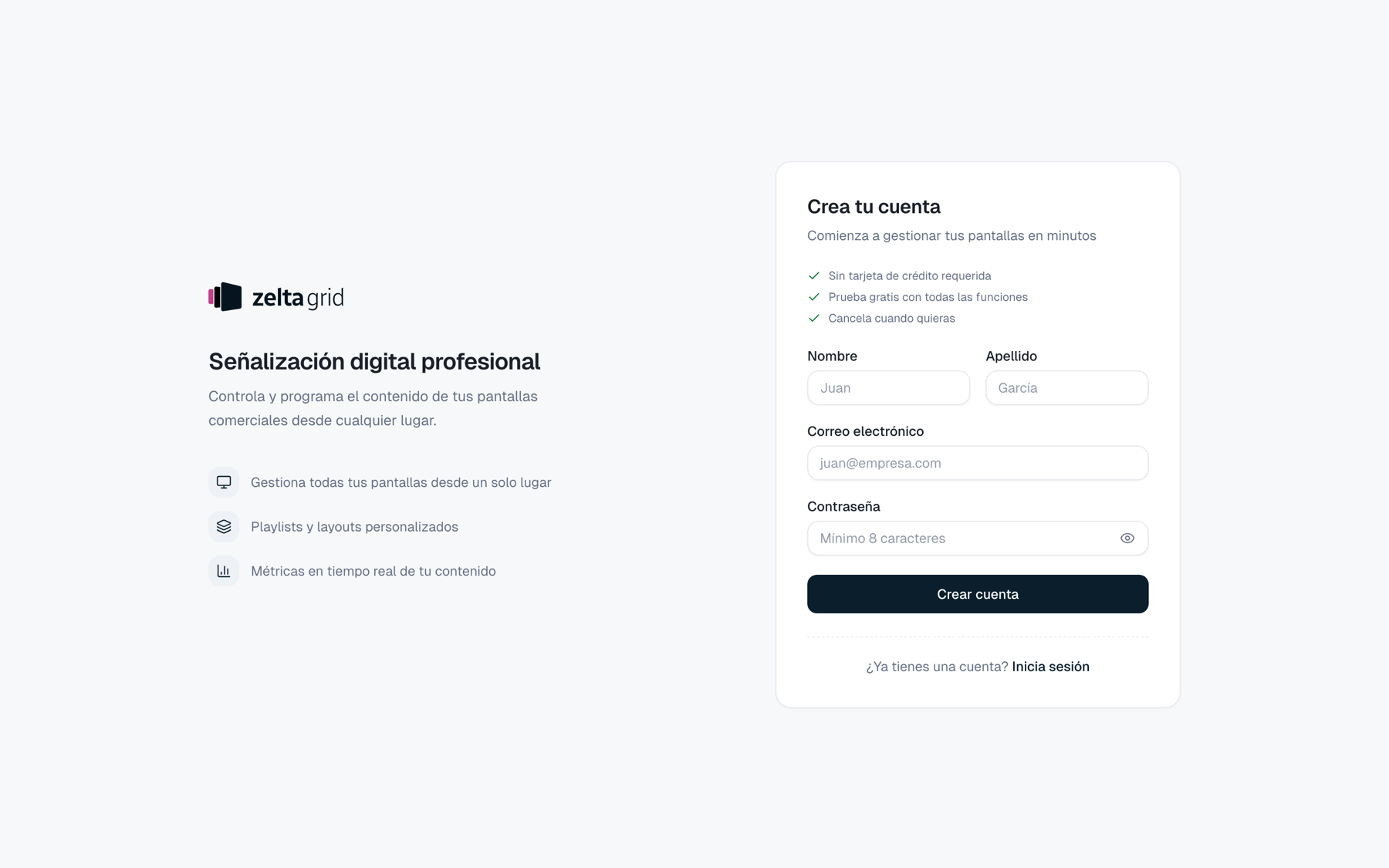 Formulario de crear cuenta de Zelta Grid con los campos nombre, apellido, correo y contraseña