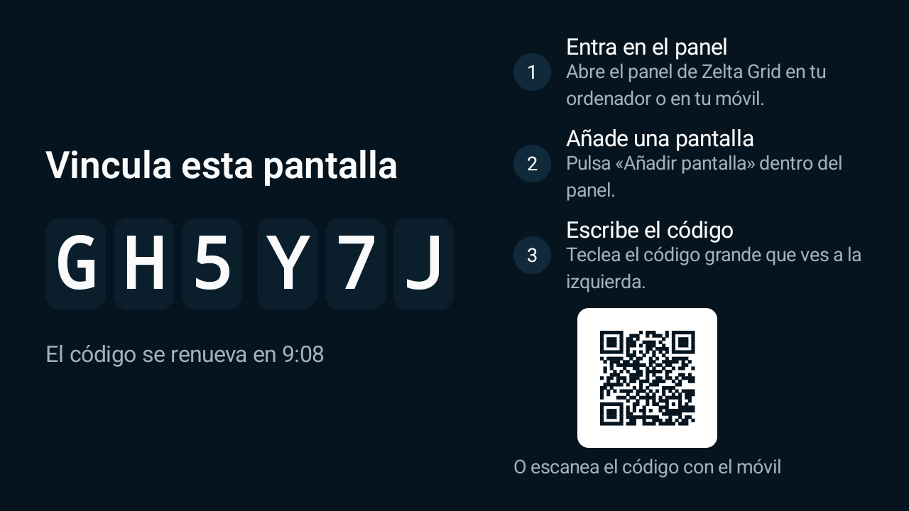 Televisor mostrando el código de vinculación de 6 caracteres y el código QR