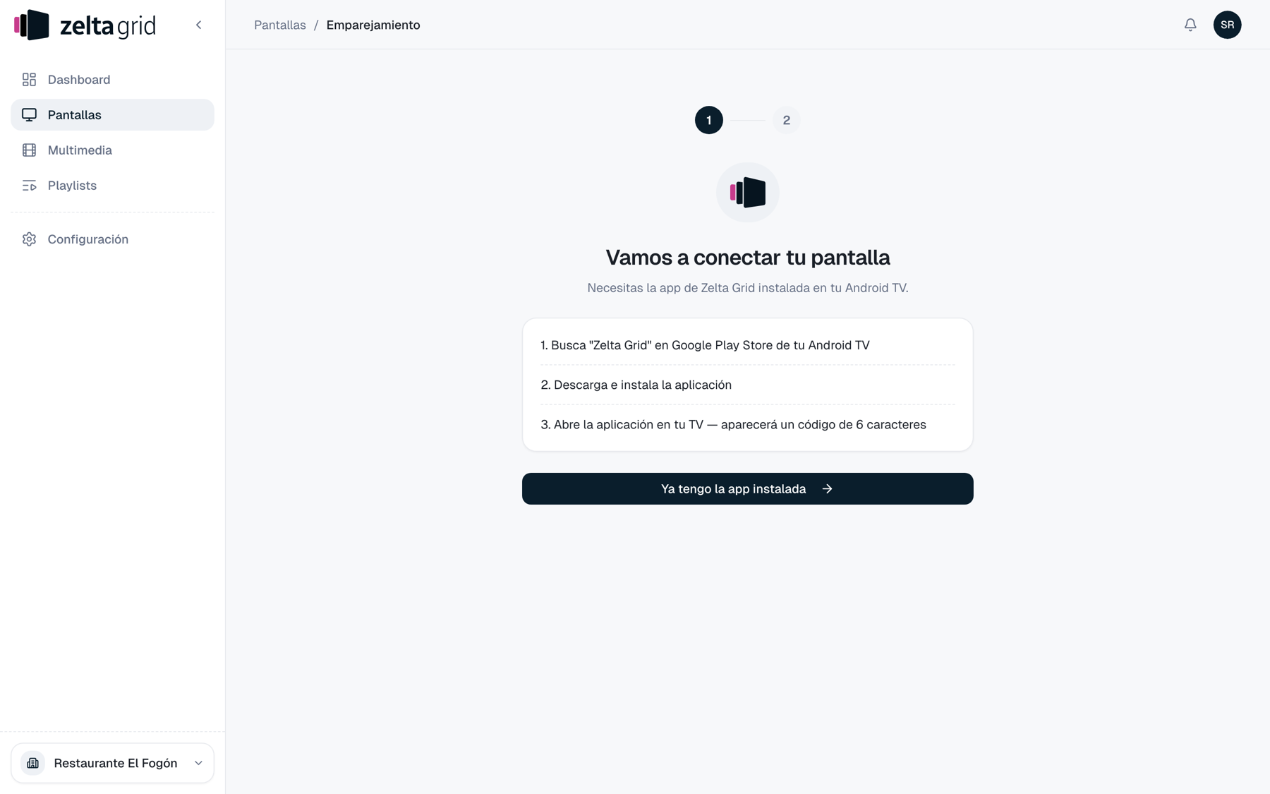 Primer paso del asistente: instrucciones para instalar la app de Zelta Grid en el Android TV