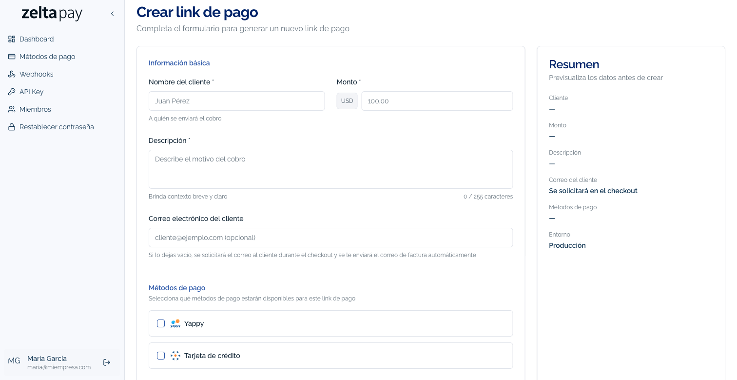 Formulario para crear link de pago