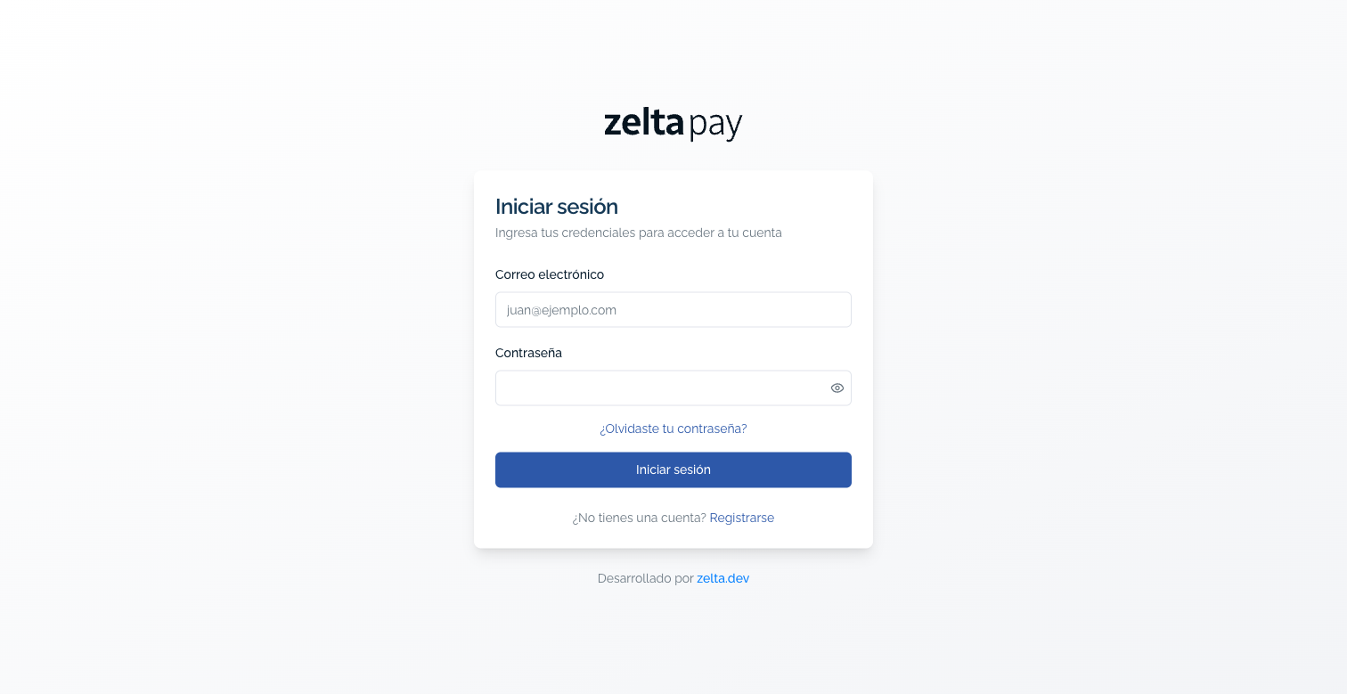 Pantalla de inicio de sesión de Zelta Pay