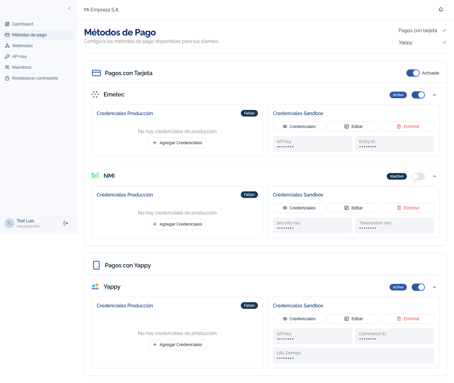Configuración de métodos de pago