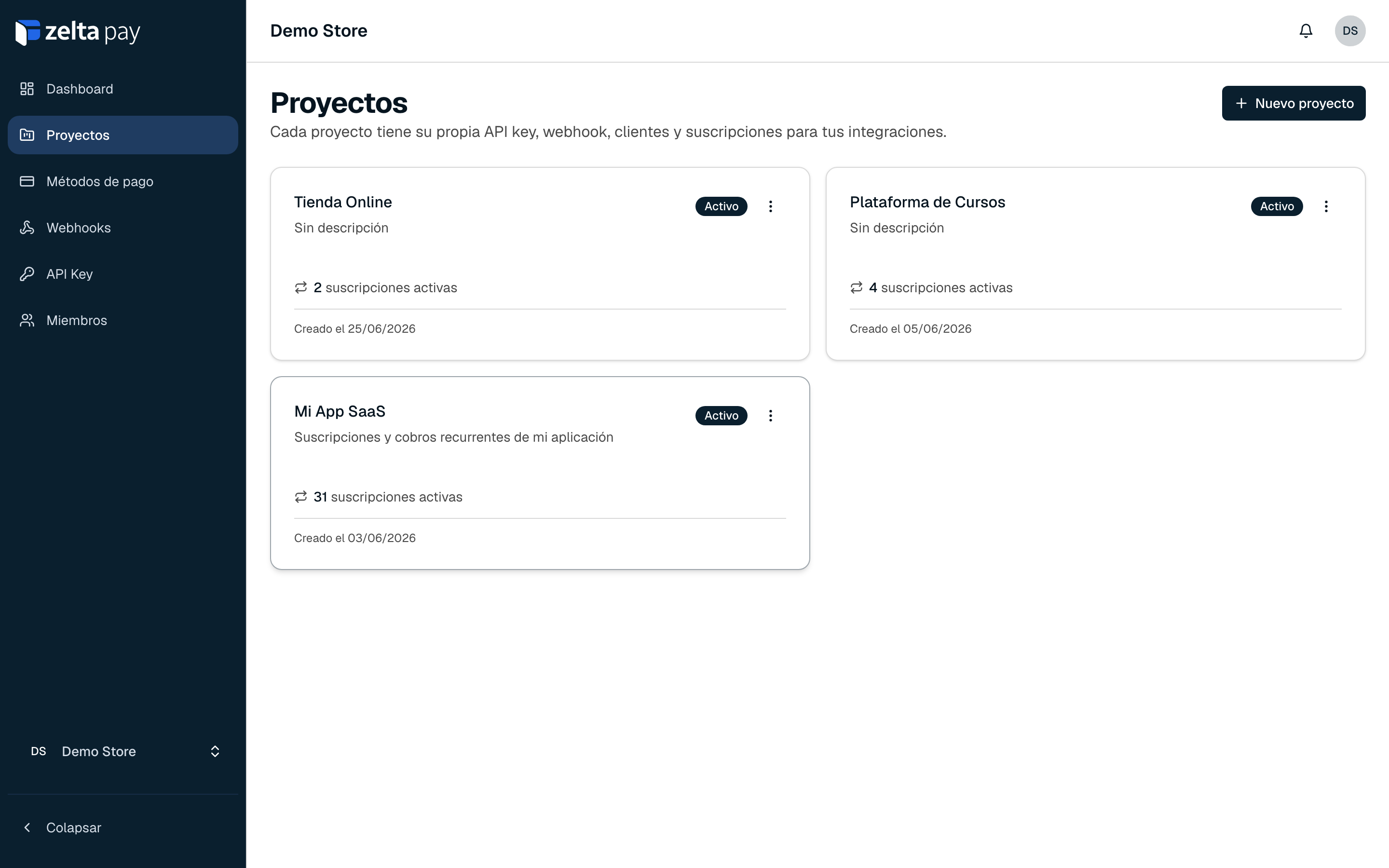 Lista de proyectos en el dashboard de Zelta Pay